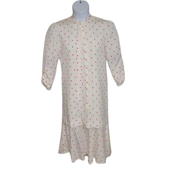 VINTAGE 70s dress pink polka-dot drop waist midi‎ with neck tie M - Picture 1 of 12